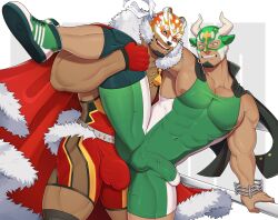  2boys absurdres bara bulge cape character_request clenched_teeth closed_eyes erection erection_under_clothes facial_hair fur-trimmed_cape fur_trim geckobara highres ikusaba_daisuke large_pectorals leg_up male_focus multiple_boys muscular muscular_male nipples open_mouth pectorals red_cape smile taurus_mask teeth tokyo_houkago_summoners wrestling_mask wrestling_outfit yaoi 