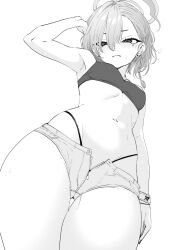  1girl armpits blue_archive blush braid breasts closed_mouth cowboy_shot earrings fang fang_out from_below greyscale hair_between_eyes halo highres jewelry jun_project looking_at_viewer looking_down mole mole_under_eye monochrome navel neru_(blue_archive) panties short_shorts shorts simple_background small_breasts solo stud_earrings thigh_gap thighs underwear white_background zipper zipper_pull_tab 