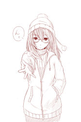  1girl coat glasses hand_in_pocket hat kyokusetu monochrome reaching solo turtleneck winter_clothes winter_coat 