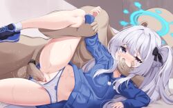  1boy 1girl absurdres arm_support black_ribbon blue_archive blue_footwear blue_hoodie blush bow bow_panties braid censored clothed_female_nude_male clothing_aside crying crying_with_eyes_open female_ejaculation finger_in_another&#039;s_mouth grey_hair hair_between_eyes hair_ribbon half-closed_eye halo hetero highres holding_another&#039;s_wrist hood hood_down hoodie indoors legs_apart long_hair long_sleeves looking_at_viewer lying male_pubic_hair miyako_(blue_archive) miyako_(young)_(blue_archive) mosaic_censoring nose_blush nude on_bed on_side one_side_up open_mouth panties panties_aside penis pom_pom_(clothes) pubic_hair purple_eyes pussy pussy_juice ribbon sex shoes side_braid sneakers socks spooning stomach streaming_tears sweat tears thighs tia_(4017342) underwear white_panties white_socks 