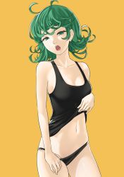 1girl ahoge bare_shoulders black_panties black_tank_top breasts cleavage clothes_lift collarbone cowboy_shot cowlick curly_hair female_focus green_eyes green_hair head_tilt highres lifting_own_clothes looking_at_viewer matching_hair/eyes messy_hair navel no_pants one-punch_man open_mouth panties panty_pull pomelomelon pulling_own_clothes shirt_lift short_hair simple_background small_breasts solo standing stomach tank_top tatsumaki teeth tongue underwear upper_teeth_only v-shaped_eyebrows yellow_background rating:Sensitive score:107 user:danbooru