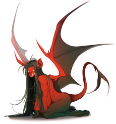  1girl bat_wings black_hair breasts colored_extremities demon demon_tail demon_wings extra_teeth from_side full_body glasgow_smile glowing glowing_eyes hair_censor highres horror_(theme) huge_breasts long_hair monster non-web_source obj_shep original red_skirt simple_background skirt solo straight_hair tail variant_set white_background wings yellow_eyes 