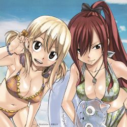 2girls adjusting_hair album_cover armpits artist_name bare_shoulders bikini blonde_hair bracelet breasts brown_eyes cleavage cloud collarbone cover day earrings erza_scarlet fairy_tail flower frilled_bikini frills hair_flower hair_ornament hair_over_one_eye halterneck hand_on_thigh happy_(fairy_tail) headphones headphones_around_neck heart heart_earrings highres innertube jewelry large_breasts leaning_forward long_hair looking_at_viewer lucy_heartfilia mashima_hiro multiple_girls necklace official_art open_mouth outdoors pendant ponytail red_hair ribbon sarong short_hair short_twintails sky smile swim_ring swimsuit text_focus thigh_gap twintails rating:Sensitive score:127 user:danbooru
