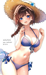  1girl :d ahoge bikini blue_bikini blue_eyes braid breasts brown_hair cleavage commentary_request dated front-tie_bikini_top front-tie_top hair_flaps hair_over_shoulder halterneck hanako_(peanut) hat highres kantai_collection large_breasts long_hair navel official_alternate_costume open_mouth shigure_(kancolle) shigure_kai_san_(kancolle) side-tie_bikini_bottom single_braid smile solo straw_hat swimsuit white_background 