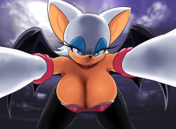  1girl animal_ears bat_ears blue_eyes breasts cleavage elbow_gloves eyelashes fang furry furry_female gloves homura_(haku89) huge_breasts leaning_forward lips rouge_the_bat solo sonic_(series)  rating:Questionable score:86 user:Jollo