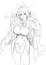  1girl aru_(blue_archive) blue_archive breasts collared_shirt fur-trimmed_jacket fur_trim greyscale halo hand_on_own_hip high-waist_skirt highres horns indinu jacket jacket_on_shoulders large_breasts looking_at_viewer monochrome neck_ribbon parted_lips ribbon shirt shirt_tucked_in simple_background skirt smile solo white_background 