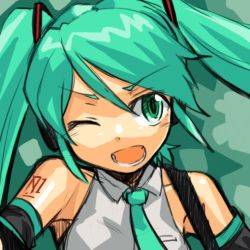  1girl bad_id bad_pixiv_id choutako detached_sleeves green_eyes green_hair hatsune_miku lowres matching_hair/eyes necktie one_eye_closed open_mouth solo twintails vocaloid 