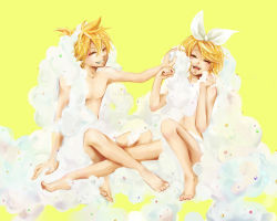  1boy 1girl :d ^_^ bad_id bad_pixiv_id barefoot blonde_hair blush bow brother_and_sister censored closed_eyes convenient_censoring cream closed_eyes feet grin hair_bow hair_ribbon hair_tie happy kagamine_len kagamine_rin lma navel nude open_mouth ponytail ribbon short_hair siblings sitting smile soap twins vocaloid  rating:Sensitive score:24 user:BlueBaroness