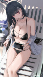  1girl absurdres alternate_costume bare_shoulders bikini black_bikini black_choker black_hair blue_archive breasts bright_pupils choker cleavage collarbone cooler cup drinking_glass hair_ornament hairclip halo highres holding holding_tablet_pc large_breasts long_hair looking_at_viewer navel off_shoulder red_eyes rio_(blue_archive) shirt side-tie_bikini_bottom sideboob sitting solo stomach swimsuit tablet_pc thighs very_long_hair wet white_pupils white_shirt yamikyon 