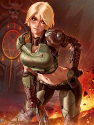  1girl :q armor black_eyes black_pants blonde_hair blurry blurry_background breasts cleavage commentary contrapposto dated doom_(game) doomguy english_commentary fire genderswap genderswap_(mtf) gun hand_on_own_hip helm helmet highres holding holding_gun holding_weapon leaning_forward medium_breasts midriff navel pants pentagram scar scar_on_face short_hair shotgun solo themaestronoob tongue tongue_out watermark weapon web_address  rating:Sensitive score:65 user:danbooru