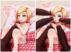 1girl age_difference bare_shoulders bed bed_sheet blonde_hair blue_eyes cheek_poking clothed_female_nude_male dark-skinned_male dark_skin english_text erection eyebrows facing_viewer flat_chest group_sex highres interracial jlullaby knees_up large_penis loli lying nude on_back on_bed open_mouth panties penis penis_grab penis_on_face pillow poking shoes short_hair smile solo_focus swept_bangs teeth testicles tongue uncensored underwear upper_teeth_only veins veiny_penis rating:Explicit score:880 user:Kyuso