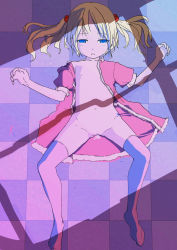  1girl ad2027 after_rape after_vaginal aftersex blonde_hair blue_eyes crying crying_with_eyes_open cum cum_in_pussy cum_pool dress empty_eyes eyebrows female_focus flat_chest floor from_above functionally_nude hair_bobbles hair_ornament half-closed_eyes loli lying medium_hair navel nipples on_back on_floor open_clothes open_dress original pink_thighhighs pussy rape solo spread_legs tears thighhighs thighs tile_floor tiles twintails uncensored 