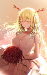  1girl bouquet breasts ceres_fauna cleavage closed_eyes dress flower green_hair hair_flower hair_ornament happy_tears highres holding holding_bouquet hololive hololive_english kotodekun large_breasts long_hair smile strapless strapless_dress tears twitter_username veil virtual_youtuber wedding_dress  rating:Sensitive score:8 user:danbooru
