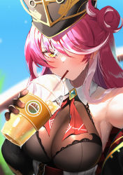  absurdres armpits bare_shoulders black_gloves black_hat blue_sky blush breasts cleavage cup day disposable_cup drink drinking eyes_visible_through_hair gloves hair_over_one_eye hat highres holding holding_cup hololive houshou_marine houshou_marine_(marching_band) kokono_(kokonokami) large_breasts looking_at_viewer multicolored_hair neck_ribbon outdoors outstretched_arm purple_hair red_ribbon ribbon see-through see-through_cleavage selfie sky streaked_hair sweat two-tone_hair two_side_up underbust upper_body virtual_youtuber white_hair yellow_eyes  rating:Sensitive score:15 user:danbooru