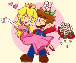 1boy 1girl blonde_hair blue_eyes breasts brooch brown_hair carrying carrying_person closed_eyes crown dress earrings flower full_body gloves grin hat heart high_heels holding jewelry mario mario_(series) nintendo one_eye_closed open_mouth pink_dress princess_peach smile spoken_heart wink