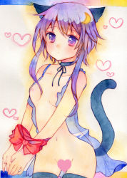  10s 1girl animal_ears bad_id bad_pixiv_id bottomless bound bound_wrists bow breasts cat_ears cat_tail censored choker cowboy_shot crescent crescent_hair_ornament hair_ornament heart heart_background heart_censor kantai_collection letterboxed nanatsume_okome nipples open_clothes painting_(medium) purple_eyes purple_hair red_bow red_ribbon ribbon ribbon_choker sad short_hair short_hair_with_long_locks sidelocks small_breasts solo tail traditional_media v_arms watercolor_(medium) yayoi_(kancolle)  rating:Questionable score:9 user:danbooru