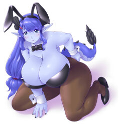 1girl animal_ears antlers arm_behind_back bare_shoulders between_legs black_bow black_bowtie black_footwear black_hairband black_leotard black_nails blue_eyes blue_hair blue_skin blue_tail bow bowtie breasts brown_pantyhose cleavage closed_mouth colored_skin curvy detached_collar dragon_girl dragon_tail fake_animal_ears fingernails freckles futaba_channel hair_between_eyes hair_ornament hairband hairclip hand_between_legs high_heels highleg highleg_leotard horns huge_breasts kneeling kuma_(kumahoihoi) leotard long_hair low-tied_long_hair mole mole_under_eye nail_polish nijiura_maids pantyhose playboy_bunny pointy_ears purple_lips rabbit_ears seiryuu_(nijiura_maids) shadow shoes sidelocks simple_background skindentation smile solo spiked_tail strapless strapless_leotard tail tareme thick_thighs thighs white_background wide_hips wrist_cuffs