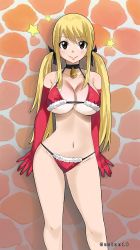  1girl bell bikini blonde_hair breasts brown_eyes choker christmas christmas_ornaments cleavage collar fairy_tail gaston18 groin hair_ribbon highres large_breasts long_glove long_hair lucy_heartfilia navel neck_bell ribbon smile solo stomach swimsuit twintails underboob wide_hips  rating:Questionable score:124 user:YuukoLover