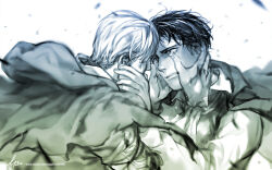  2boys ascot cape collared_shirt commentary couple crying crying_with_eyes_open english_commentary erwin_smith hands_on_another&#039;s_face levi_(shingeki_no_kyojin) long_sleeves lps male_focus multiple_boys paradis_military_uniform parted_lips shingeki_no_kyojin shirt short_hair sideburns sleeve_cuffs tears upper_body white_background wing_collar yaoi 