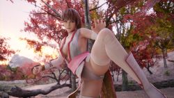  absurdres breasts cleavage dead_or_alive dead_or_alive_5 doa5 forest highres kasumi_(doa) kicking loose_clothes loose_shirt menstrual_pad menstruation nature nodern03 panties period shirt sick sideboob sweat training underwear wet wet_clothes wet_panties 