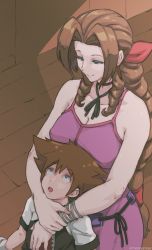  1boy 1girl aerith_gainsborough blue_eyes bolo_tie braid braided_ponytail breasts brown_hair cleavage covered_erect_nipples dress drill_hair final_fantasy final_fantasy_vii green_eyes hug hug_from_behind kingdom_hearts kingdom_hearts_i looking_at_another looking_up sleeveless sleeveless_dress smile sora_(kingdom_hearts) square_enix twin_drills tyrone you_gonna_get_raped  rating:Sensitive score:113 user:danbooru