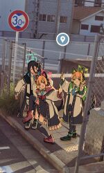  3girls absurdly_long_hair absurdres animal_ear_headphones animal_ears aris_(blue_archive) black_footwear black_hair black_shorts black_skirt black_thighhighs blonde_hair blue_archive blue_halo blush chain-link_fence commentary double_v duplicate english_commentary fake_animal_ears fence google_maps green_eyes green_halo grin halo headphones high_school_girls_posing_for_google_street_view_(meme) highres jacket long_hair long_sleeves lyrinne meme middle_finger midori_(blue_archive) momoi_(blue_archive) multiple_girls open_clothes open_jacket open_mouth outdoors overhead_line photo-referenced photo_background pink_halo red_eyes shirt shoes short_hair shorts siblings sidewalk sisters skirt smile tactile_paving thighhighs twins v very_long_hair white_jacket white_shirt 