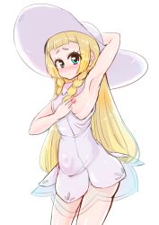 1girl aotsugi_seiji arm_up armpits blonde_hair blue_eyes blush braid breasts covered_erect_nipples creatures_(company) dress embarrassed game_freak hat lillie_(pokemon) long_hair looking_at_viewer medium_breasts nintendo no_bra no_panties one_breast_out pokemon pokemon_sm shiny_skin sideboob simple_background sleeveless sleeveless_dress solo standing sun_hat twin_braids white_background white_dress white_hat rating:Questionable score:24 user:AngryZapdos