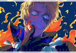  1boy artist_name ascot black_gloves blonde_hair blood blood_on_clothes blood_on_face blue_eyes clenched_teeth commentary_request fire gloves looking_at_viewer male_focus newdo one_piece sabo_(one_piece) scar scar_across_eye scar_on_face short_hair smile solo teeth twitter_username watermark web_address white_ascot  rating:General score:1 user:danbooru