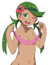 1girl ;d arms_up bad_id bad_twitter_id blush breasts bubukka collared_shirt condom condom_packet_strip condom_wrapper covering_nipples creatures_(company) dark-skinned_female dark_skin flower flower_on_head game_freak green_eyes green_hair groin hair_flower hair_ornament happy holding holding_condom inactive_account long_hair mallow_(pokemon) navel nintendo nude one_eye_closed open_mouth pokemon pokemon_(game) pokemon_sm shirt simple_background small_breasts smile solo stomach swept_bangs trial_captain twintails upper_body white_background rating:Questionable score:58 user:danbooru