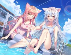 2girls :d animal_ears bad_id bad_pixiv_id bare_arms bare_shoulders bird blue_sky bottle breasts brown_eyes building cat_ears cloud collarbone commission contrail earrings elsword fang jewelry knee_up lens_flare long_hair looking_at_viewer medium_breasts multiple_girls one-piece_swimsuit one_eye_closed open_mouth outstretched_arm pinb pink_hair pool red_eyes school_swimsuit silver_hair sitting sky smile swimsuit towel very_long_hair water water_bottle white_one-piece_swimsuit rating:Sensitive score:8 user:danbooru