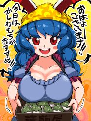 1girl breasts cleavage imijikumo36 large_breasts open_mouth red_eyes seiran_(touhou) solo touhou translation_request 