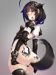 10s 1girl abyssal_ship ahoge anal_tail ass ass_tattoo barcode barcode_tattoo bdsm black_hair blue_eyes blush breasts butt_plug collar corruption dark_persona earrings fake_tail gloves gradient_background hair_ornament hair_over_shoulder heart heart-shaped_pupils highleg highleg_leotard highres huge_ass jewelry kantai_collection latex leotard looking_at_viewer looking_back mind_control motion_blur open_mouth pussy_juice sailor_collar sex_toy shigure_(kancolle) slave small_breasts solo standing symbol-shaped_pupils tail tattoo thighhighs tongue tongue_out torisan wide_hips rating:Explicit score:132 user:danbooru