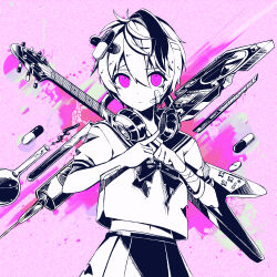  1girl album_cover bandaged_arm bandages bandaid bandaid_on_face boxcutter closed_mouth commentary cover cowboy_shot cropped electric_guitar flask flower_(vocaloid) flower_(vocaloid4) gibson_flying_v greyscale_with_colored_background guitar headphones headphones_around_neck highres instrument looking_at_viewer midriff_peek monochrome multicolored_hair navel nou_(nounknown) official_art phonograph pill pill_hair_ornament pink_background pink_eyes pleated_skirt round-bottom_flask school_uniform second-party_source serafuku short_hair short_sleeves skirt solo song_name spot_color streaked_hair syringe test_tube venom_(vocaloid) vocaloid x_fingers 