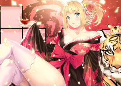  1girl 2022 animal_ears aqua_eyes bare_shoulders blonde_hair blush bow breasts character_request chinese_zodiac cleavage collarbone copyright_request dot_nose fake_animal_ears floral_print flower frilled_kimono frills hair_flower hair_ornament hairclip happy_new_year headband holding japanese_clothes kimono konsu_konsuke large_bow large_breasts long_sleeves looking_at_viewer mole mole_under_eye new_year off_shoulder official_art open_mouth ponytail rabbit_ears red_bow sidelocks sitting smile solo thighhighs tiger white_thighhighs wide_sleeves year_of_the_tiger 