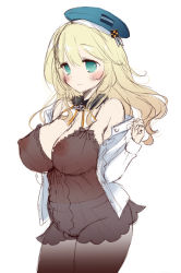 10s 1girl atago_(kancolle) black_pantyhose blonde_hair blush breasts chemise cleavage covered_erect_nipples cowboy_shot detached_collar dress_shirt green_eyes hat kantai_collection large_breasts long_hair looking_at_viewer mozuya_murasaki nipples open_clothes open_shirt pantyhose see-through shirt simple_background smile solo white_background rating:Questionable score:39 user:danbooru