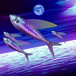  4others 88kasyo_junrei absurdres album_cover cover earth_(planet) expressionless fish flying_fish full_body highres lips looking_at_viewer multiple_others planet space surreal taniguchi_takashi water wings 