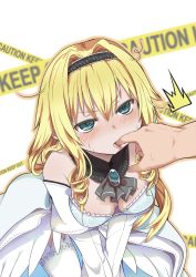 1girl ^^^ ascot bent_over blonde_hair blue_eyes blush brooch caution_tape detached_collar dress elbow_gloves finger_in_another&#039;s_mouth finger_sucking gloves hairband highres jewelry lace lace-trimmed_dress lace_trim long_hair mahou_tsukai_nara_miso_wo_kue! scan shirow_(crazy) solo_focus sweat thighhighs white_gloves white_thighhighs rating:Sensitive score:13 user:danbooru