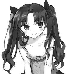  1girl :p aged_down blush camisole closed_mouth collarbone covered_navel fate/zero fate_(series) greyscale hanabana_tsubomi loli long_hair looking_at_viewer monochrome simple_background smile solo strap_slip tohsaka_rin tongue tongue_out twintails upper_body 