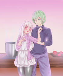  1boy 1girl absurdres alternate_costume apron blue_eyes blue_hair blush byleth_(fire_emblem) byleth_(male)_(fire_emblem) couple cutting_board fire_emblem fire_emblem:_three_houses green_eyes green_hair height_difference highres holding lysithea_von_ordelia megayecgaa nintendo open_mouth pink_eyes pot simple_background sleeves_rolled_up smile sweater white_background white_hair  rating:Sensitive score:4 user:untitled22ddkc