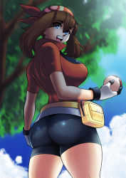 1girl artist_request ass bandana bike_shorts blue_eyes breasts brown_hair creatures_(company) from_behind game_freak gez1313 gloves highres holding holding_poke_ball huge_ass large_breasts long_hair looking_at_viewer looking_back may_(pokemon) nintendo open_mouth poke_ball pokemon pokemon_rse shiny_clothes shiny_skin sideboob smile solo thick_thighs thighs rating:Questionable score:50 user:armorcrystal