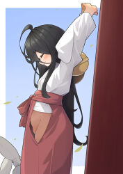  ahoge arms_up black_hair blush border chuugoku_usagi closed_eyes falling_leaves female_pubic_hair from_side groin hair_between_eyes hair_ornament high-waist_skirt highres hip_vent japanese_clothes leaf long_hair miko no_panties outside_border own_hands_together profile pubic_hair red_skirt shigure1213 skirt stretching stuffed_animal stuffed_rabbit stuffed_toy sweat torii voiceroid white_border 