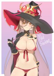  1girl absurdres bikini bikini_pull black_cape black_gloves black_hat blush breasts cape clothes_pull covered_erect_nipples cowboy_shot front-tie_bikini_top front-tie_top gloves hair_between_eyes hat highres large_breasts luyheg micro_bikini nijisanji nui_sociere nui_sociere_(1st_costume) partially_fingerless_gloves platinum_blonde_hair red_bikini sidelocks solo sweat swimsuit torn_clothes virtual_youtuber wavy_mouth witch_hat yellow_eyes  rating:Questionable score:42 user:danbooru