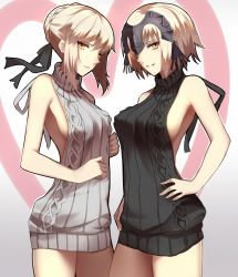  2girls aran_sweater artoria_pendragon_(all) artoria_pendragon_(fate) backless_dress backless_outfit bare_arms bare_shoulders black_ribbon black_sweater braid breasts cable_knit cowboy_shot dress fate/grand_order fate/stay_night fate_(series) fingernails french_braid grey_sweater hair_bun hair_ribbon halterneck hands_on_own_hips hands_up headpiece heart highres jeanne_d&#039;arc_(fate) jeanne_d&#039;arc_(ruler)_(fate) jeanne_d&#039;arc_alter_(avenger)_(fate) jeanne_d&#039;arc_alter_(fate) large_breasts legs_together looking_at_viewer medium_breasts meme_attire multiple_girls naked_sweater no_bra parted_lips ribbed_sweater ribbon saber_(fate) saber_alter shigure_s short_hair sideboob sidelocks single_hair_bun sleeveless slit_pupils sweater sweater_dress teeth turtleneck turtleneck_sweater virgin_killer_sweater yellow_eyes  rating:Sensitive score:50 user:danbooru