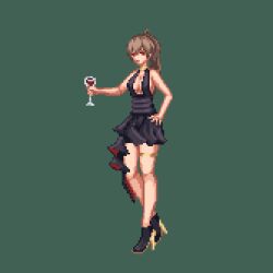  1girl alcohol azur_lane backless_dress backless_outfit bare_arms bare_legs bare_shoulders black_dress black_footwear boots breasts brown_hair center_opening choker cleavage closed_mouth cocktail_dress collarbone cup dress drinking_glass evening_gown full_body gold_choker green_background groundbold hair_between_eyes halter_dress halterneck hand_on_own_hip high_heel_boots high_heels high_ponytail holding holding_cup jean_bart_(azur_lane) jean_bart_(uninhibited_bloodstone)_(azur_lane) jewelry long_hair looking_at_viewer medium_breasts official_alternate_costume pixel_art ponytail red_eyes shoes sidelocks sideways_glance simple_background sleeveless sleeveless_dress solo standing stiletto_heels thigh_strap thighlet thighs very_long_hair wine wine_glass  rating:Sensitive score:5 user:Denliner27