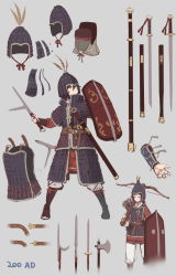  1girl armor black_hair bow_(weapon) chinese_armor closed_eyes crossbow crossbow_bolt fangdan_runiu fighting_stance grey_background helmet holding holding_sword holding_weapon multiple_views nightmaremk2 original plume quiver red_eyes scabbard sheath shield short_hair simple_background soldier standing sword weapon 