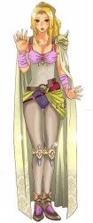  1990s_(style) 1girl belt blonde_hair cape earrings female_focus final_fantasy final_fantasy_iv full_body hair_ornament jewelry leotard long_hair pantyhose retro_artstyle rosa_farrell shoulder_pads simple_background solo supremist9 tiara white_background 