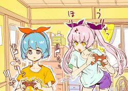  2girls blank_stare blue_eyes blue_hair blue_shirt chest_of_drawers commentary_request controller electric_fan empty_eyes game_controller hair_ribbon hairband highres holding holding_controller holding_game_controller indoors leaning_forward long_hair looking_at_viewer motion_lines multiple_girls no_sclera omega_rei omega_rio omega_sisters open_mouth orange_shirt outline pink_hair playing_games purple_ribbon purple_shorts red_hairband red_ribbon ribbon shirt short_hair short_shorts short_sleeves shorts siblings side-by-side sisters smile standing swinging_arms t-shirt tamo_(gaikogaigaiko) translation_request triangle_mouth twintails v-shaped_eyebrows white_outline window yellow_eyes 