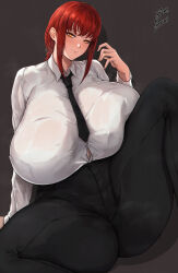  absurdres black_pants braid braided_ponytail breasts business_suit chainsaw_man formal gigantic_breasts highres huge_breasts looking_at_viewer makima_(chainsaw_man) necktie pants red_hair sitting spread_legs suit tagme thick_thighs thighs tie yellow_eyes zer0.zer0 