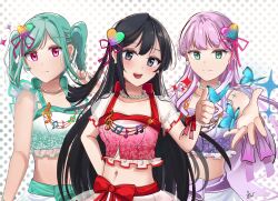  3girls absurdres bead_necklace beads black_hair bug butterfly closed_mouth commentary commission english_commentary frown green_eyes green_hair grey_eyes hair_ornament heart heart_hair_ornament highres in-franchise_crossover insect jewelry long_hair looking_at_viewer love_live! love_live!_nijigasaki_high_school_idol_club love_live!_superstar!! medium_hair multiple_girls navel necklace onitsuka_tomari open_mouth pixiv_commission purple_hair reaching reaching_towards_viewer red_eyes sidelocks signature smile standing stomach thumbs_up twintails upper_body whin wien_margarete yuki_setsuna_(love_live!) 