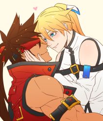  2boys belt_buckle blonde_hair blue_eyes brown_hair buckle eyelashes guilty_gear hand_on_another&#039;s_cheek hand_on_another&#039;s_face ky_kiske long_hair looking_to_the_side multiple_boys pale_skin ponytail sol_badguy tan yaoi yumeoti 